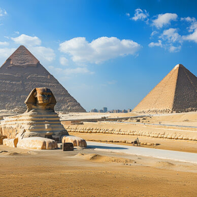 Giza necropolis featuring great pyramids, sphinx, and desert view in giza, cairo, egypt